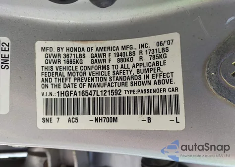 2007 Honda Civic Lx from USA, damaged, VIN 1HGFA16547L121592